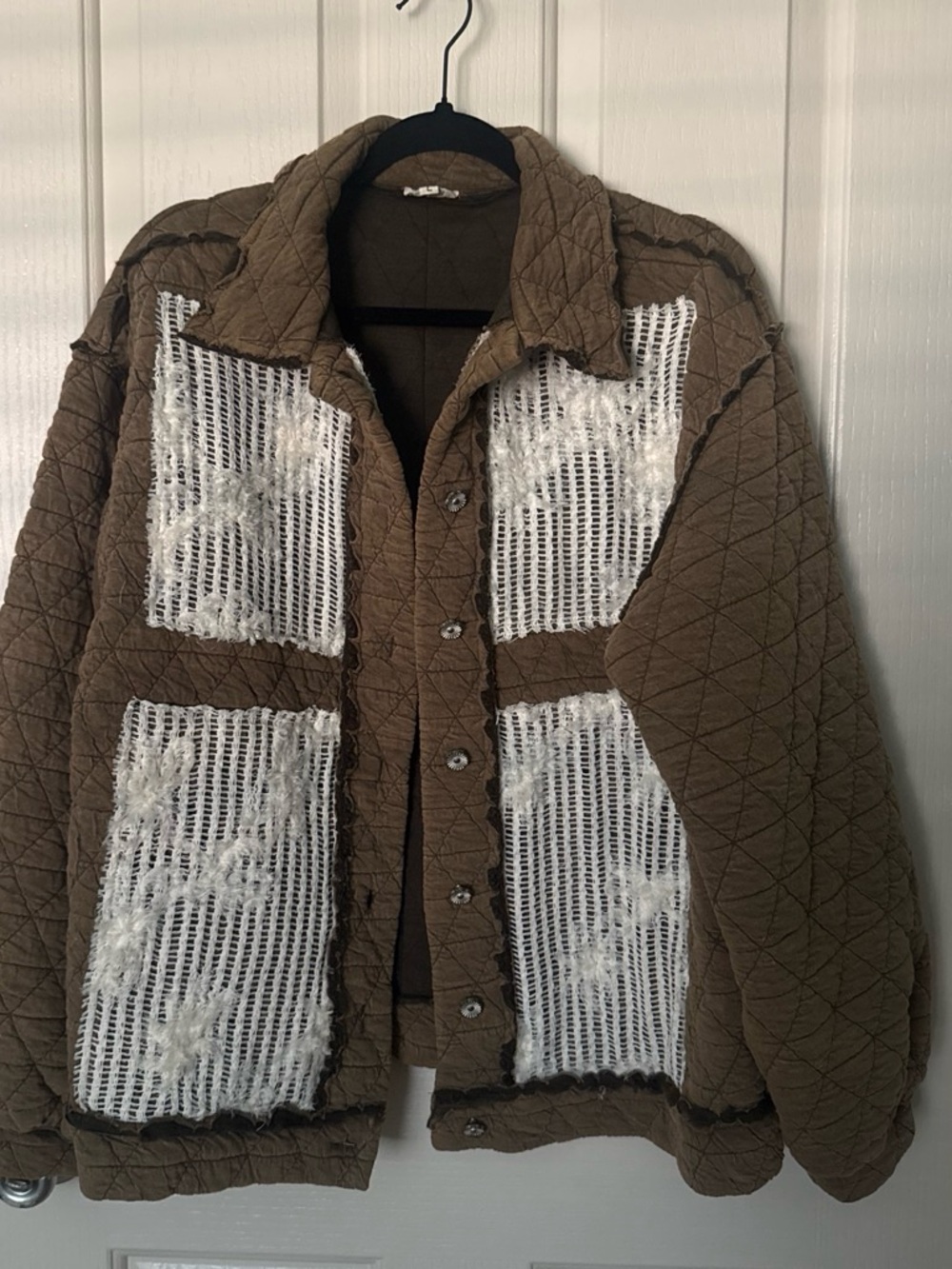 POL Brown and White Quilted Jacket with Knit Trim